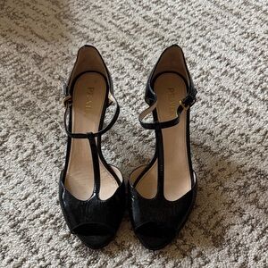 Prada Black Patent T-Strap Peep-Toe Heels